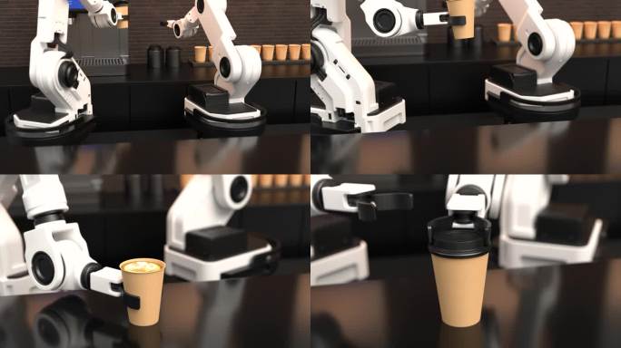 咖啡机器人，煮咖啡的咖啡师，上热咖啡的机械臂