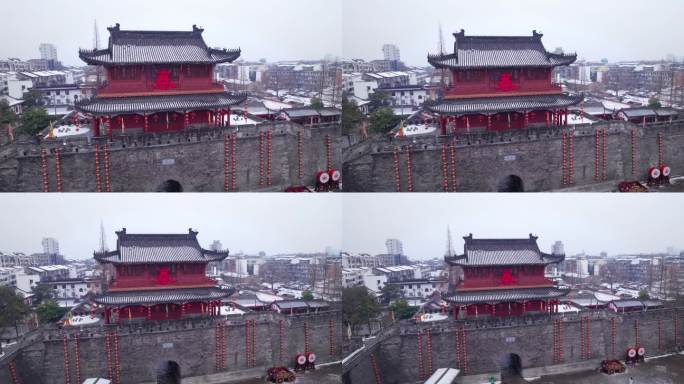 荆州古城宾阳楼景区航拍雪景