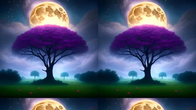巨大月球下紫色大树