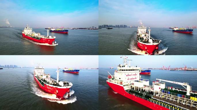 航拍长江红色快速航行化工品船危险品船