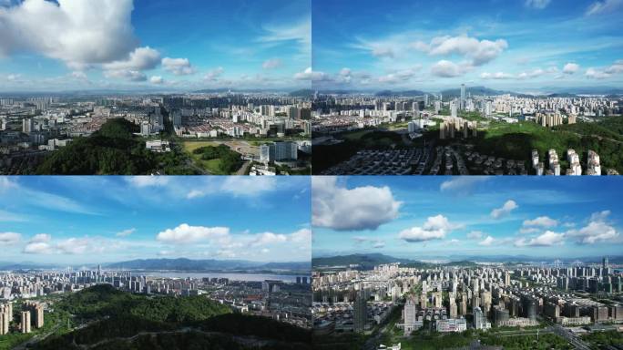 台州城市风光天际线蓝天白云高楼建筑航拍