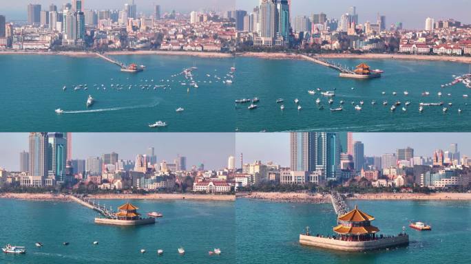 青岛栈桥4k60帧航拍青岛海边城市风景