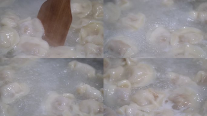 在沸腾的水里煮饺子的慢动作特写