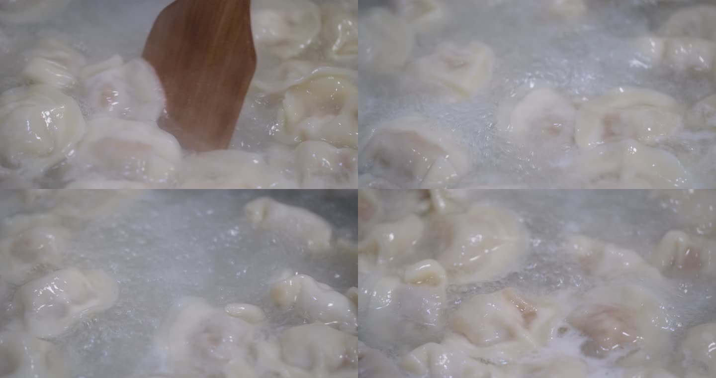 在沸腾的水里煮饺子的慢动作特写