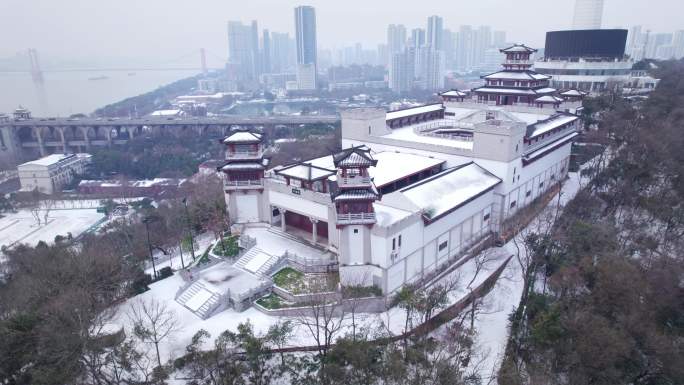 武汉龟山计谋殿航拍雪景