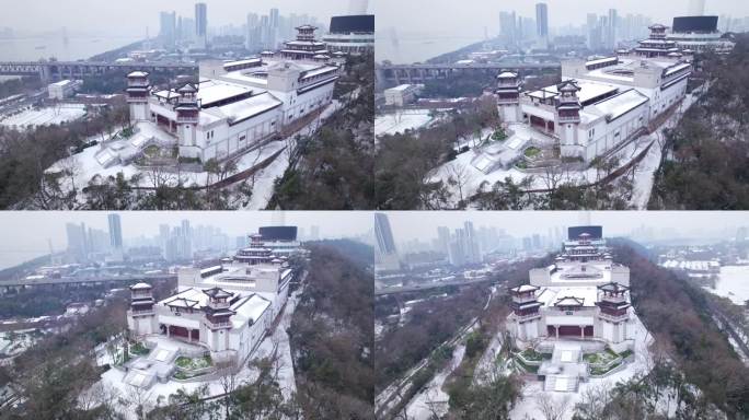 武汉龟山计谋殿航拍雪景