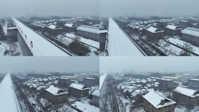 陕西省西安市正在下雪中的西安城墙城市景观