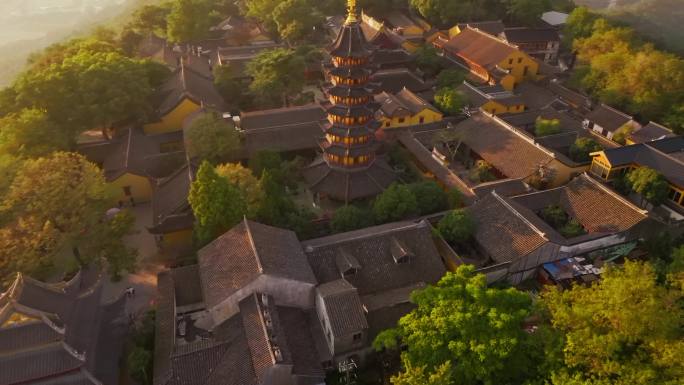 苏州灵岩山寺航拍落日森林树木寺庙黄昏