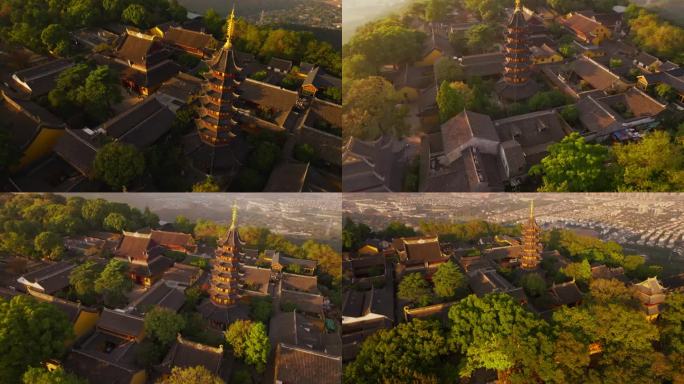 苏州灵岩山寺航拍落日森林树木寺庙黄昏