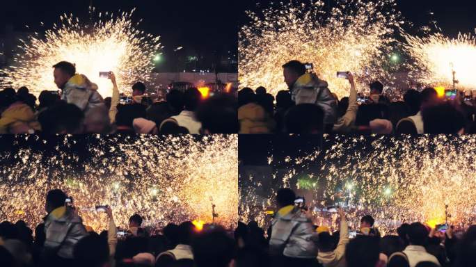 元宵节精彩的打铁花表演以及围观的人群氛围