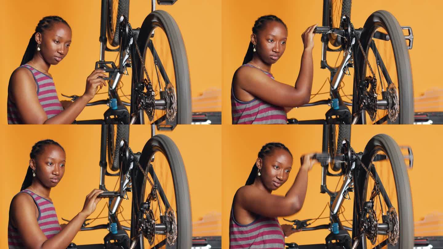 妇女纺纱检查自行车的性能