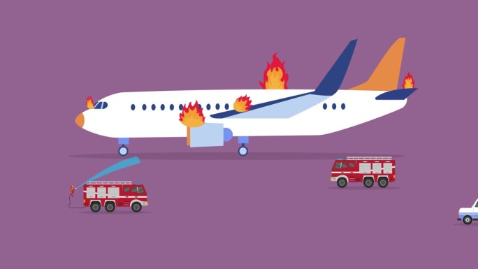 飞机紧急情况，消防员试图用水管灭火