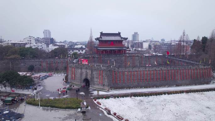 荆州古城宾阳楼航拍雪景