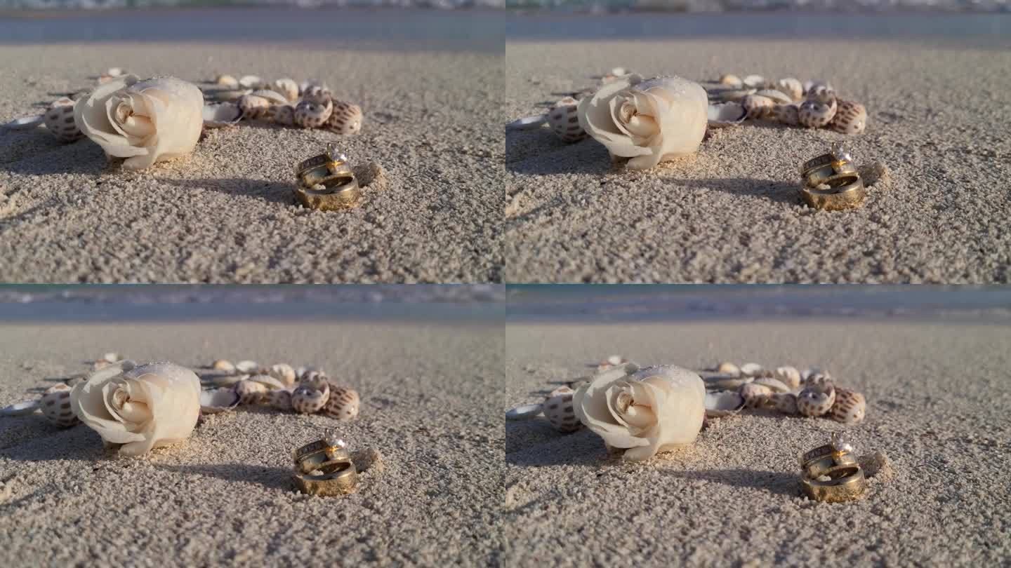 特写白玫瑰花，贝壳和戒指婚礼沙滩，大海的背景