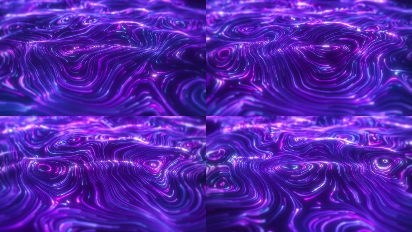 紫色发光粒子线条流动舞台光线背景