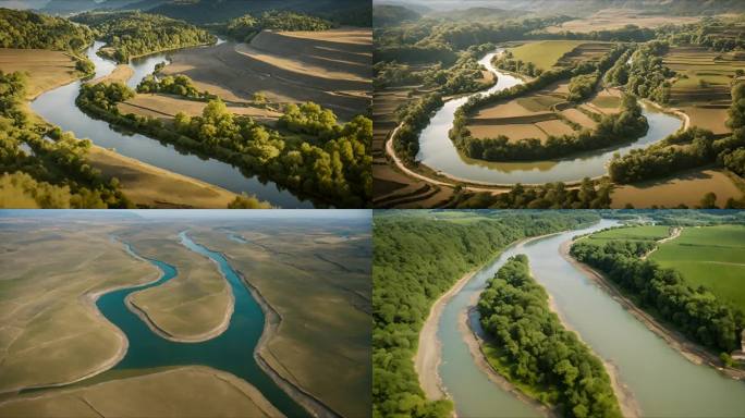 不同类型蜿蜒河流的航拍视频