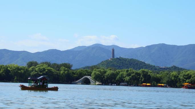 北京颐和园十七孔桥游船风景4K超清