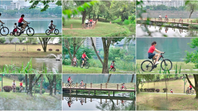 快乐一家人户外骑自行车欢乐时光 湖边游玩
