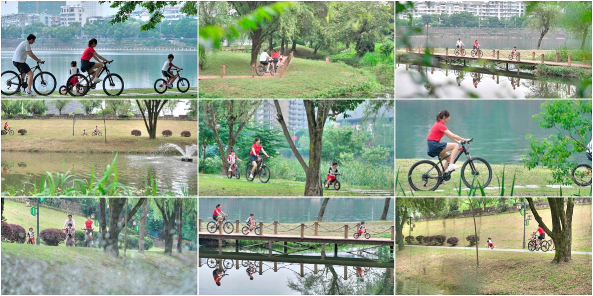 快乐一家人户外骑自行车欢乐时光 湖边游玩