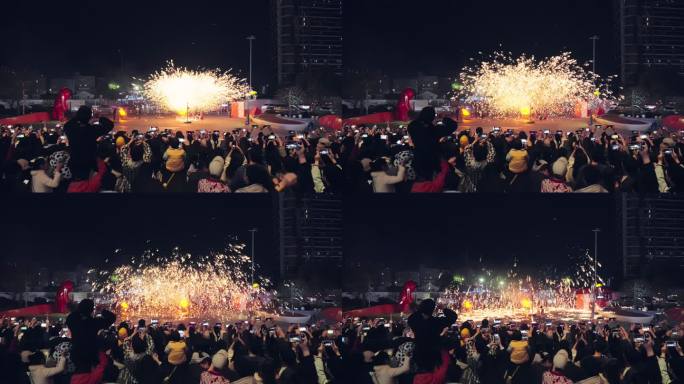 元宵节精彩的打铁花表演以及围观的人群氛围