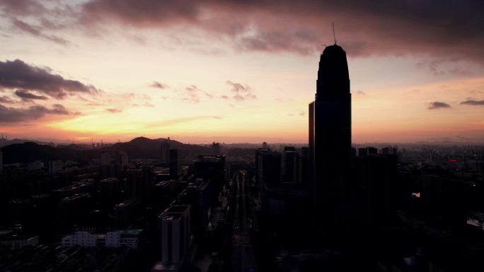 台州城市高楼清晨彩霞航拍