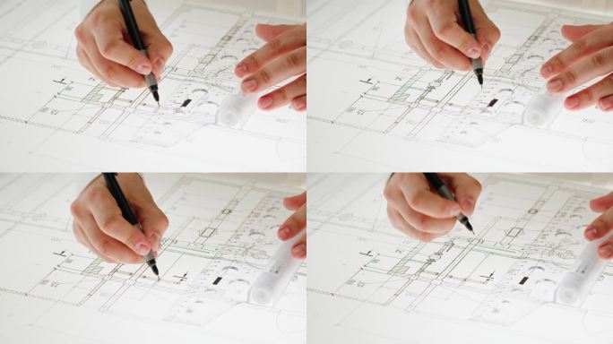 计划蓝图特写。建筑设计师绘制方案，专业工程师工作，室内设计师制作建筑房屋方案，建筑制图。