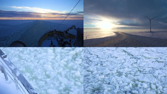 冬季破冰船冬天北欧北极海上日出朝阳落日