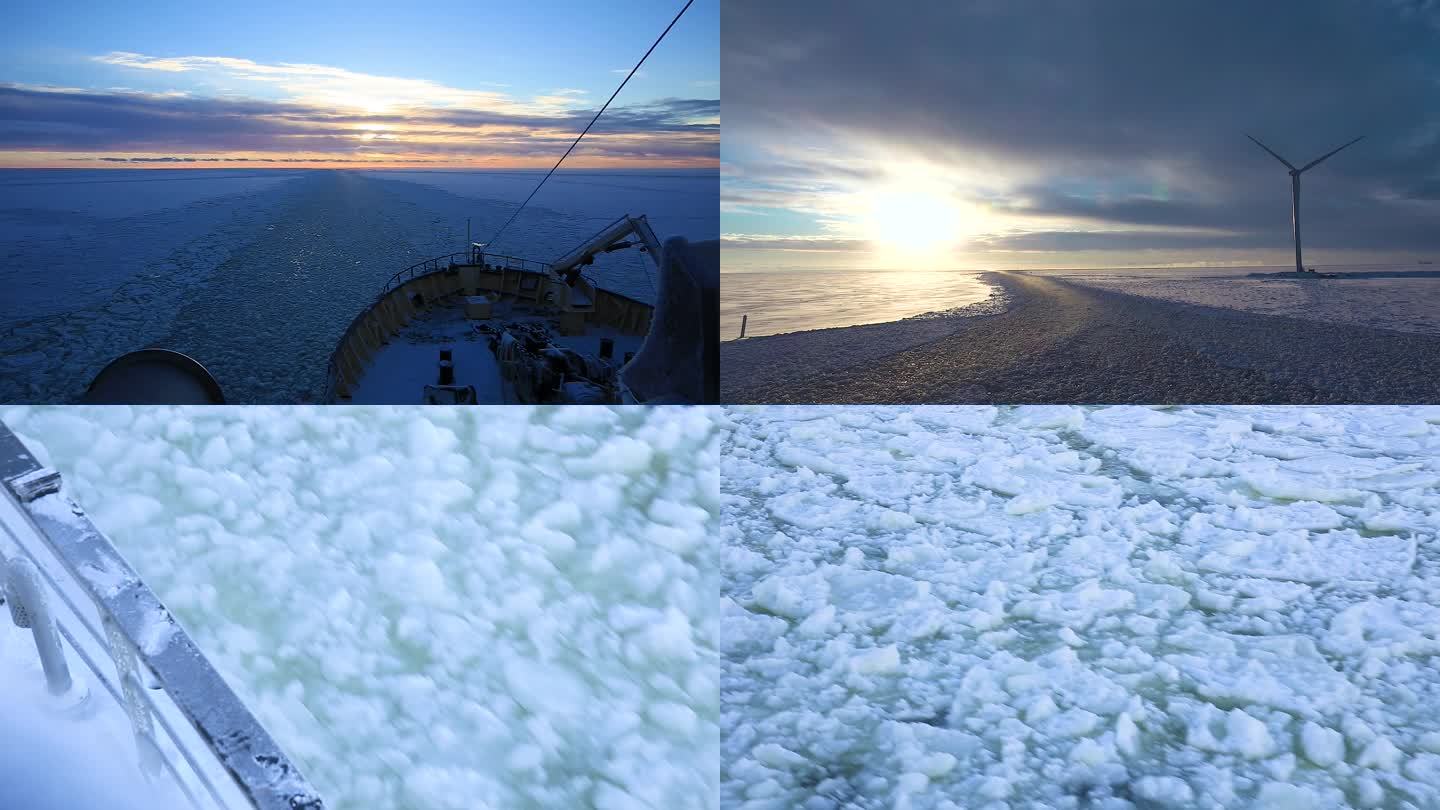 冬季破冰船冬天北欧北极海上日出朝阳落日