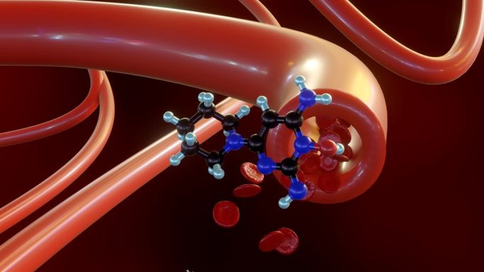 米诺地尔分子的三维动画直接影响血管。