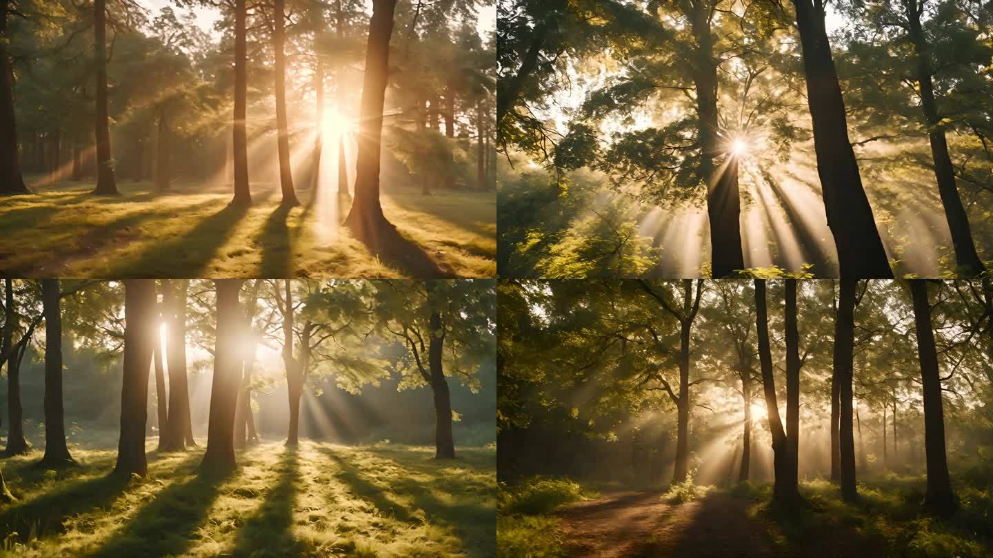 清晨阳光穿过树林清晨的森林光影和晨雾