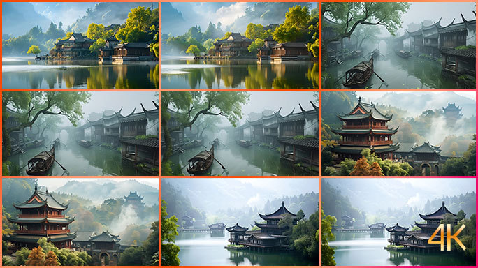 中国风传统建筑场景 古风建筑古村古城风光