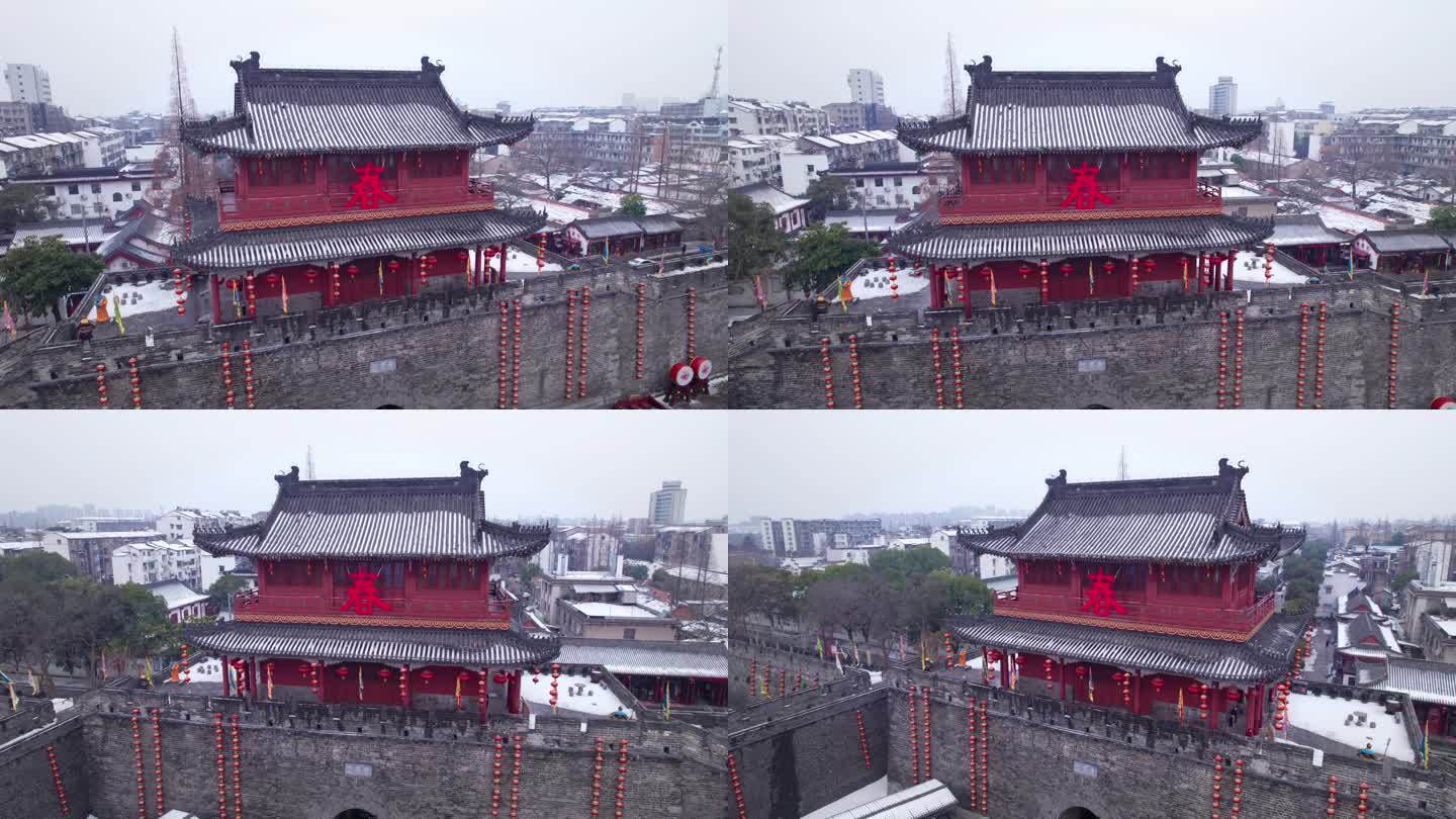 荆州古城宾阳楼航拍雪景