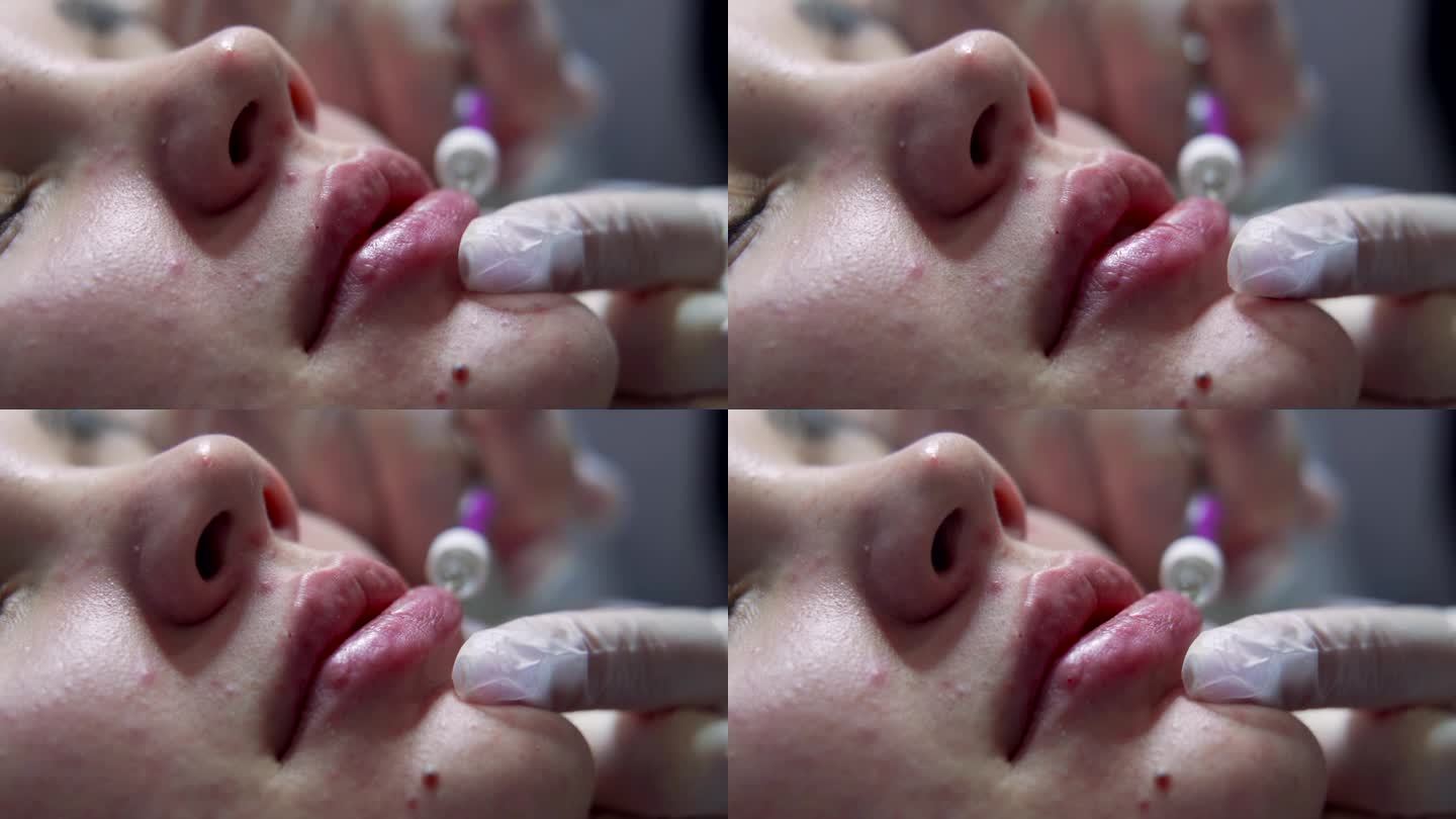 美容师在年轻美女的嘴唇上注射肉毒杆菌。极致的近距离4k拍摄