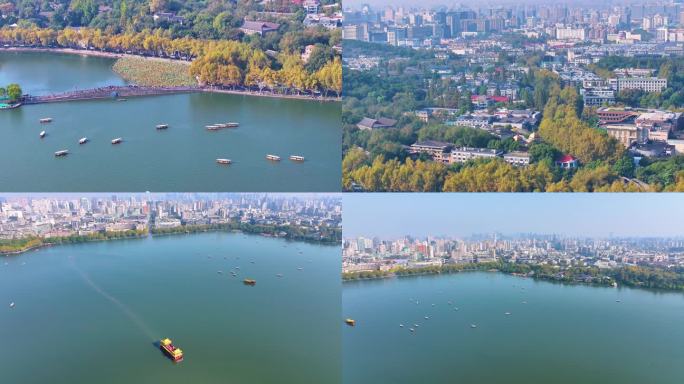 浙江杭州西湖景区大景全景游船船舶航拍风景