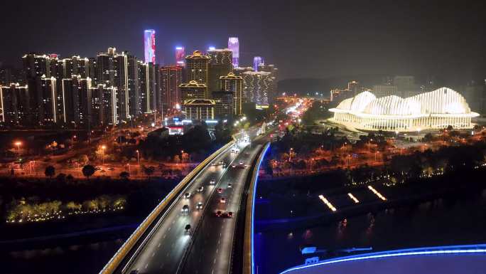 南宁市区南宁大桥夜景航拍镜头合集