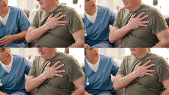 手扶胸，心脏病发作的老人与看护者寻求帮助，健康和生病的老人在养老院。消化不良、心绞痛和高血压伴呼吸，