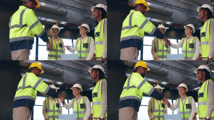 建筑工人小组，与人握手并达成协议，欢迎或介绍入职。男人、女人和工程团队握手，交易和尊重建筑公司