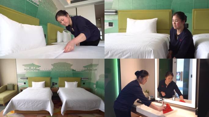 升格拍摄高级酒店服务员清洁卫生 客房打扫