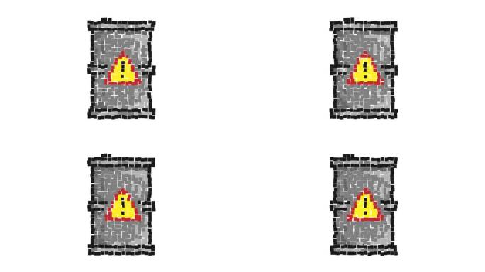 动画像素图标。带有危险标志的金属桶。储存和处置有害物质。简单的复古游戏循环视频孤立在白色上