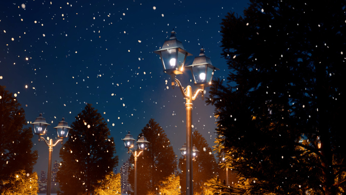城市夜晚下雪夜景唯美路灯下雪花飘落