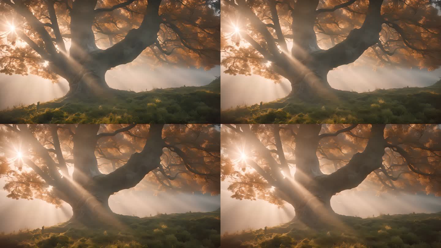 清晨阳光下晨雾里的一棵老树