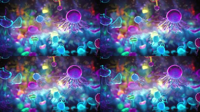 各种色彩鲜艳的肠道细菌，被微观齿轮和复杂的机器包围，象征着隐藏的呼吸机制