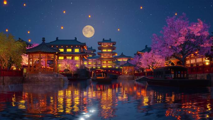 唯美中国风古建水岸灯光夜景