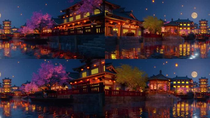 唯美中国风古建水岸灯光夜景