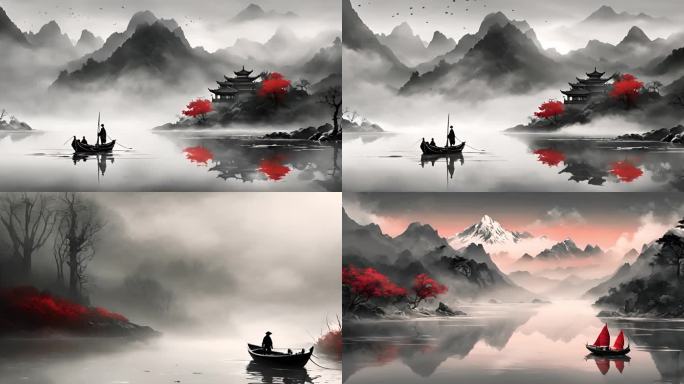 中国山水画 泛舟湖上垂钓