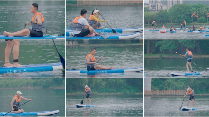 年轻人水上练习桨板