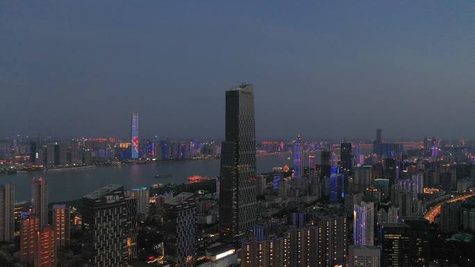 航拍武汉市武汉天地泰富金融中心写字楼夜景