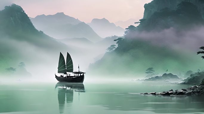中国水墨画泛舟湖上船上垂钓