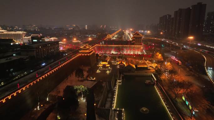 航拍陕西西安城墙护城河夜景