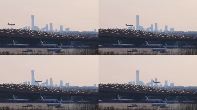 高清实拍北京首都机场飞机和CBD城市风光